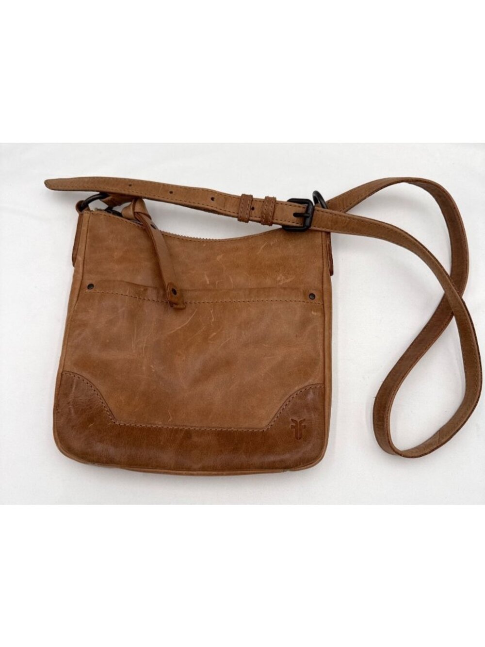 Frye Melissa Leather Crossbody Bag Cognac Brown Adjustable Strap & Zipper Closur